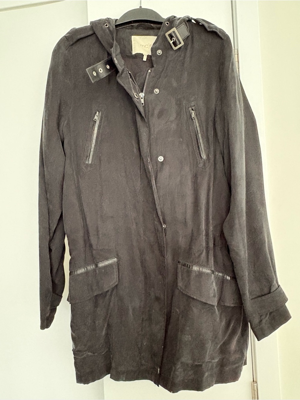 Maje Black Suede Utility Field Jacket with Buckle Hood
